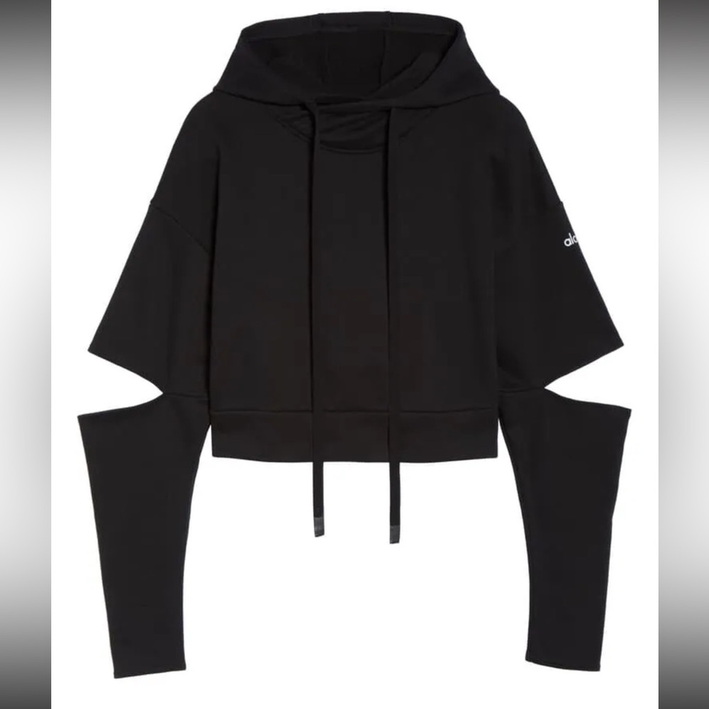 Alo Peak Cutout Long Sleeve Pullover Crop Hoodie Sweatshirt - Black